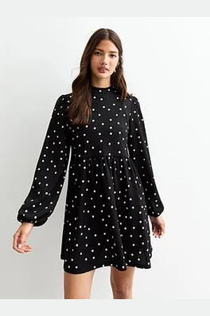 New Look Spotted Crinkle Funnel Neck Mini Dress - Black
