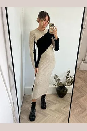 Style Cheat Brynn Colour Block Knitted Midi Dress - /Stone