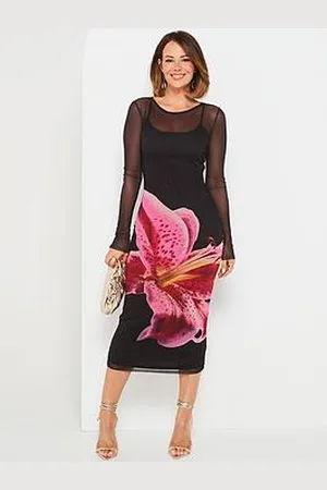 Very X Carol Byrne Floral Placement Mesh Midaxi Dress - Black