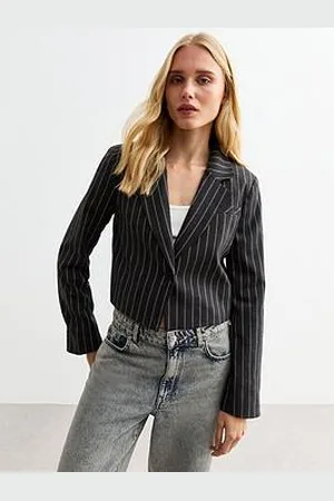 New Look Pinstripe Cropped Blazer - Grey