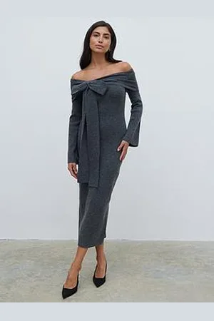 Pretty Lavish Tilda Bardot Bow Midaxi Knit Dress - Charcoal