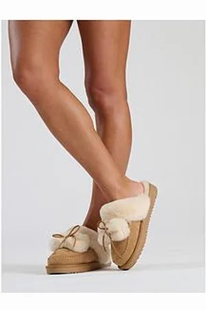 Loungeable Boxed Cosy Real Sheepskin Mule Slippers With Fur Poms - Tan/