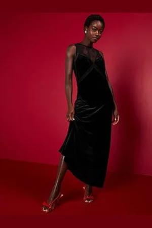 Very Lace Insert Velvet Sleeveless Maxi Dress