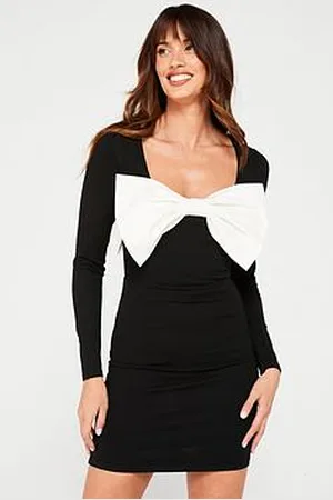 Very Square Neck Contrast Bow Mini Dress