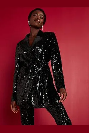 Very Sequin Tie Waist Blazer