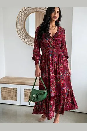 Pour Moi Carmen Fuller Bust Woven Elasticated Neckline Long Sleeve Midaxi Dress
