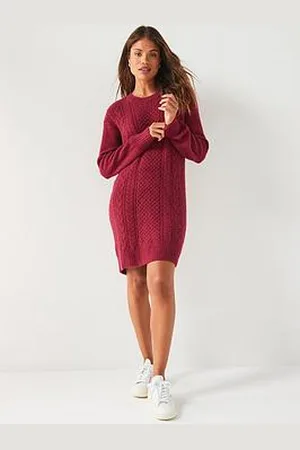 Very Crew Neck Cable Knitted Mini Dress - Burgundy
