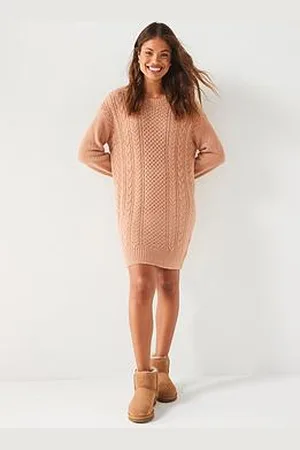 Very Crew Neck Cable Knitted Mini Dress - Natural