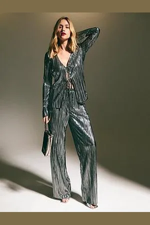 New Look Metallic Plisse Wide Leg Trousers