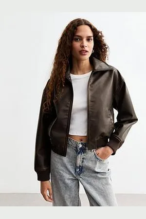 New Look Faux Leather Bomber Jacket - Dark
