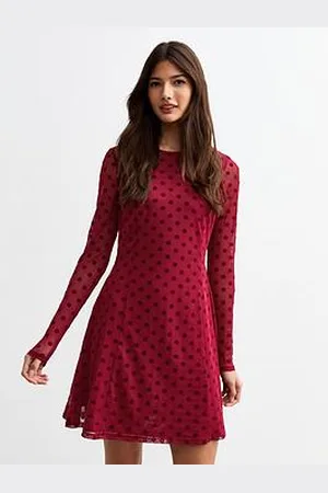 New Look Flocked Polka Dot Long Sleeve Mesh Dress