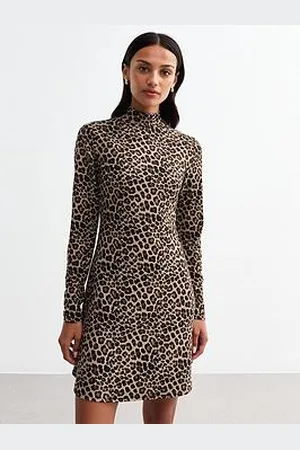 New Look Leopard Long Sleeve Mini Dress - Brown