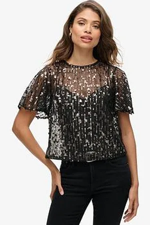 Superdry Sheer Short Sleeve Sequin Top - Black