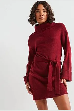 VILA Belted Knit Mini Dress - Burgundy
