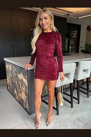 Ax Paris Velvet Sequin Long Sleeve Mini Dress - Wine