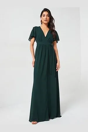 Six Stories Flutter Sleeve Wrap Tie Chiffon Bridesmaid Dress - Emerald