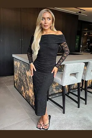 Ax Paris Lace Bardot Fold Over Top Long Sleeve Ruched Bodycon Midi Dress
