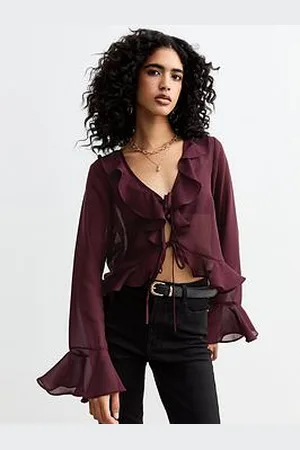 New Look Ruffle Trim Tie Up Sheer Chiffon Blouse - Burgundy