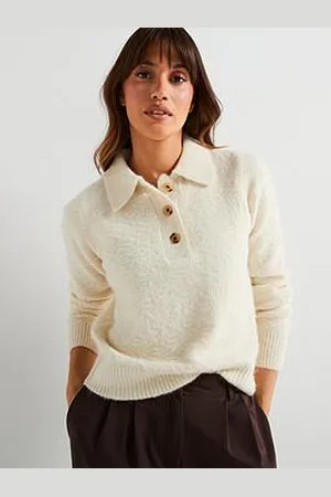 Very Collared Neck Button Front Textured Jumper With Wool