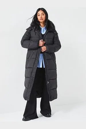 Very Longline Padded Hooded Coat With Faux Fur Trim Collar