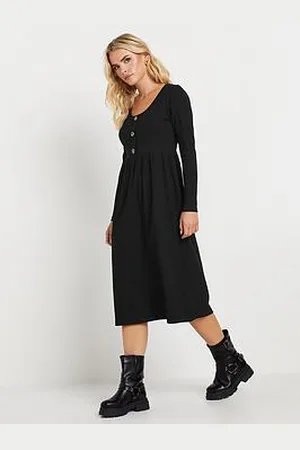 PixieGirl Petite Long Sleeve Rib Button Midi Dress