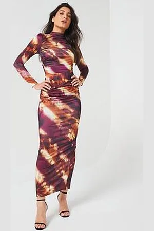 Very Long Sleeve Ruched Printed Dress