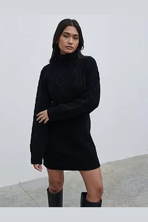 Pretty Lavish Arabella Roll Neck Cable Knit Mini Dress - Charcoal