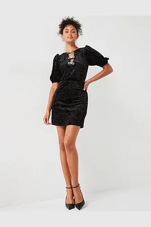Very Diamante Bow Velvet Puff Sleeve Mini Dress