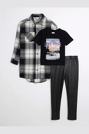 River Island Girls Check Shirt And Pu Leggings Set