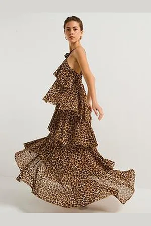 VERO MODA Leopard Print Ruffle Halter Neck Maxi Dress - Black