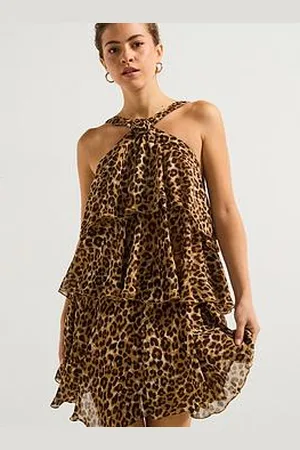 VERO MODA Leopard Print Ruffle Halter Neck Mini Dress -Black
