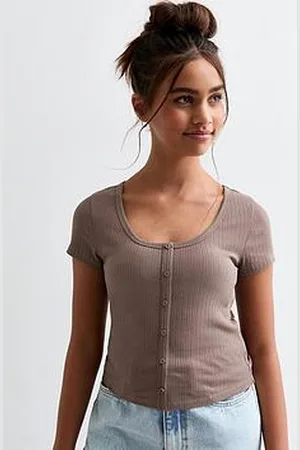 New Look Girls Ribbed Scoop Neck Button Front Top