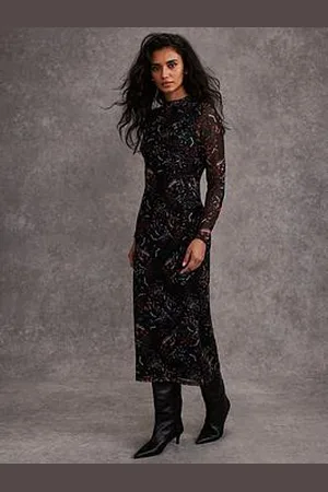 mint&berry Abstract Print Mesh Midi Dress