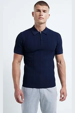 River Island Short Sleeve Knitted Herringbone Muscle Fit Polo Shirt