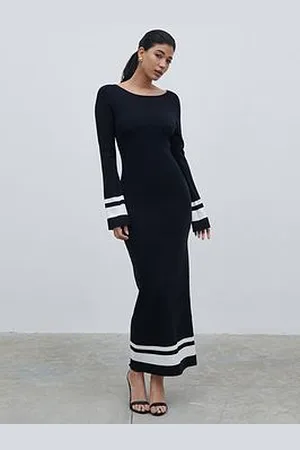 Pretty Lavish Stripe Midaxi Knit Dress - Black & Cream