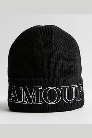 New Look Ribbed Amour Embroidered Beanie Hat