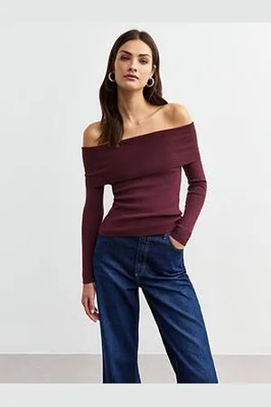 New Look Burgundy Ribbed Knit Bardot Top