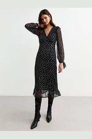 New Look Spotted Ruffle Trim Chiffon Midi Dress - Black