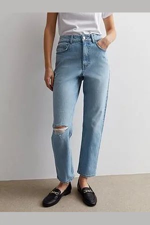 New Look Pale Ripped Knee High Waist Tori Mom Jeans