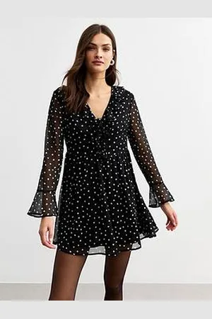 New Look Black Spotted Tie Front Chiffon Mini Dress