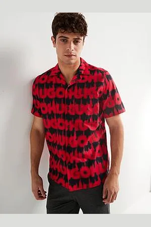 HUGO BOSS Ellino Relaxed Fit All Over Print Cuban Short Sleeve Shirt - Red