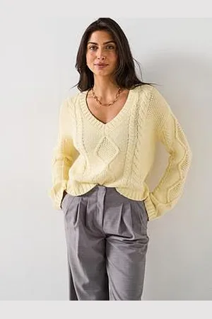 Very V Neck Cropped Cable Jumper With Wool