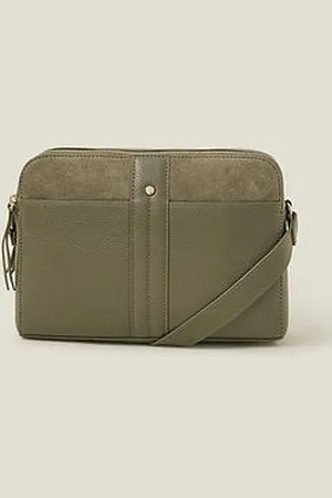 Accessorize Leather Double Zip Cross Body - Khaki