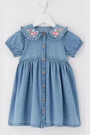 Very Girls Denim Embroidered Collar Button Through Dress