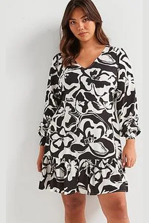 Very V Neck Frill Hem Dress - Floral
