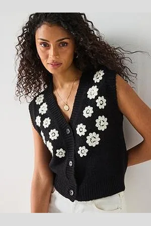 Very Embroidered Flower Button Through Short Vest