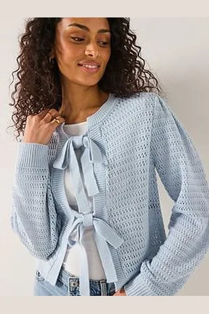 Very Bow Front Open Stitch Cropped Cardigan - Blue