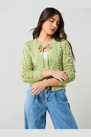Very Cotton Rich Tie Neck Stitch Detail Cardigan