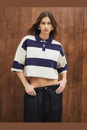 River Island Boxy Crop Stripe Polo - Navy/White