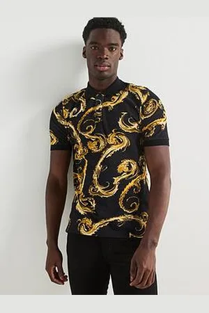 VERSACE Gold Chromo Print Polo Shirt